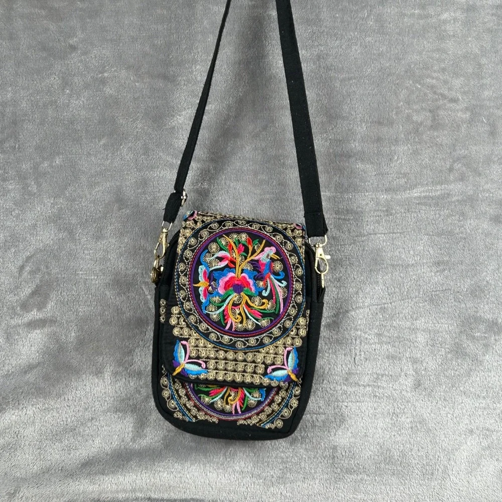 Boho Embroidered Canvas Crossbody Bag Black Floral Bird Utility Phone Purse